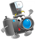 cartoon drawing of a dancing camera with eyes, arms and feeting 